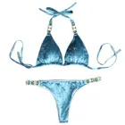 Новый Модный женский сексуальный однотонный Бархатный комплект бикини со стразами на бретельках женский раздельный купальник Сексуальная Пляжная одежда со стразами аксессуары