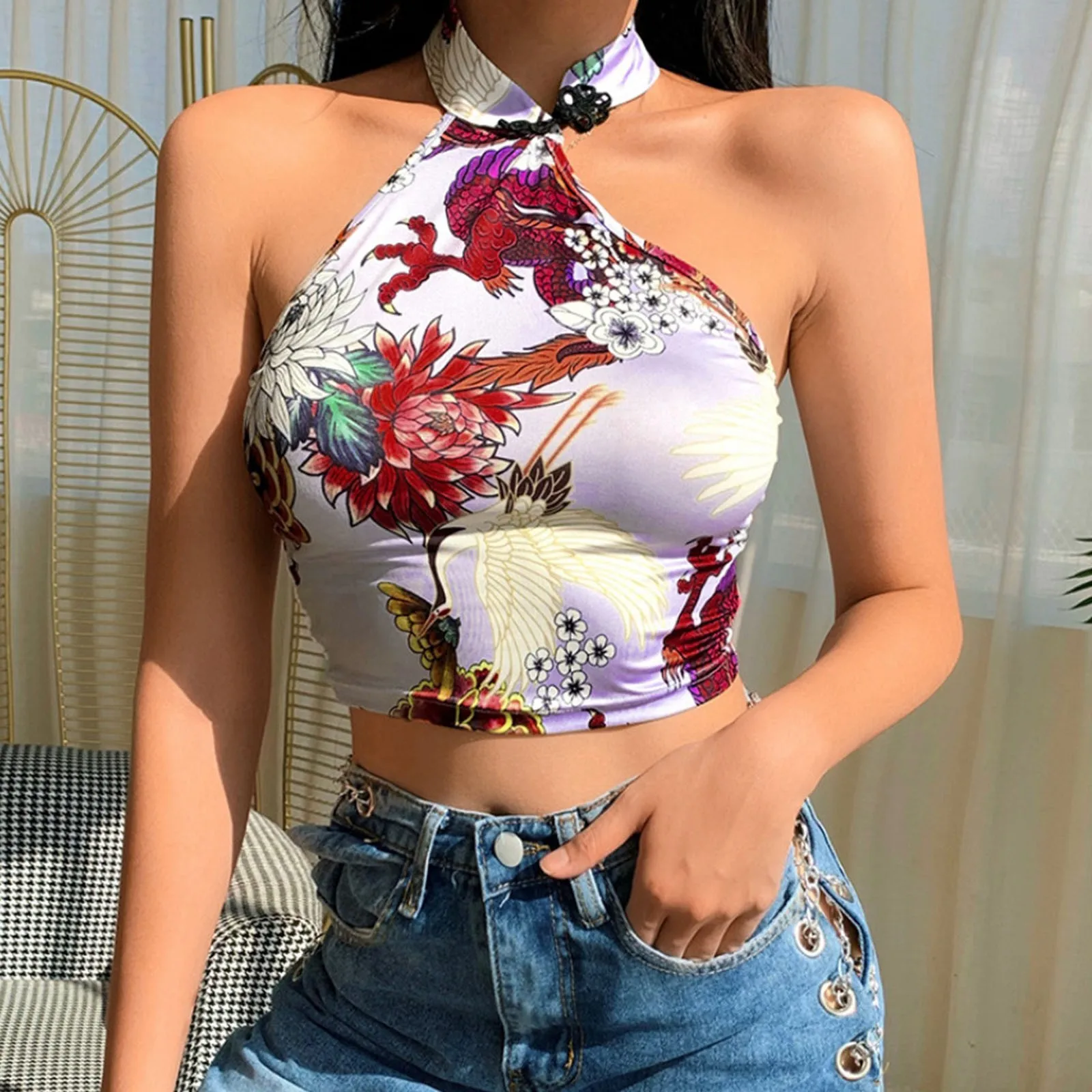 

Women's Crop Top Dragon Floral Print Chinese Knot Asymmetric Halter Slim Fit Tank Tops Sleeveless Backless Cropped Bustier Top