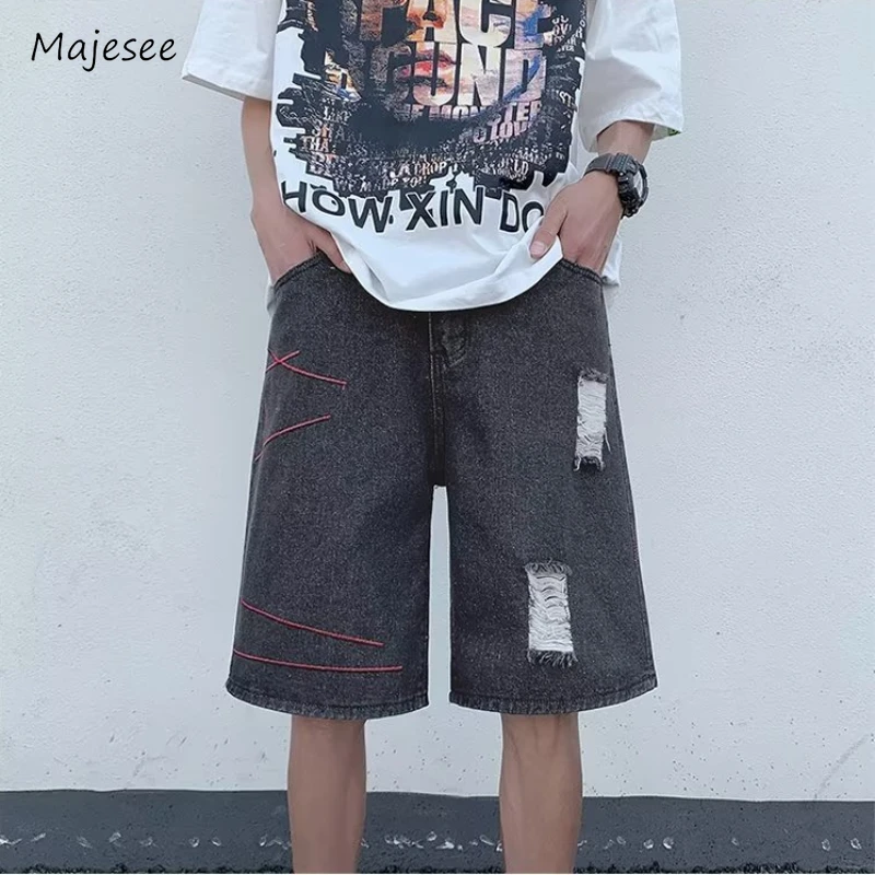 

Denim Shorts Men Hole Casual Streetwear Knee-length Summer Embroidery American Style Teenagers Fashion Loose Daily Solid Color
