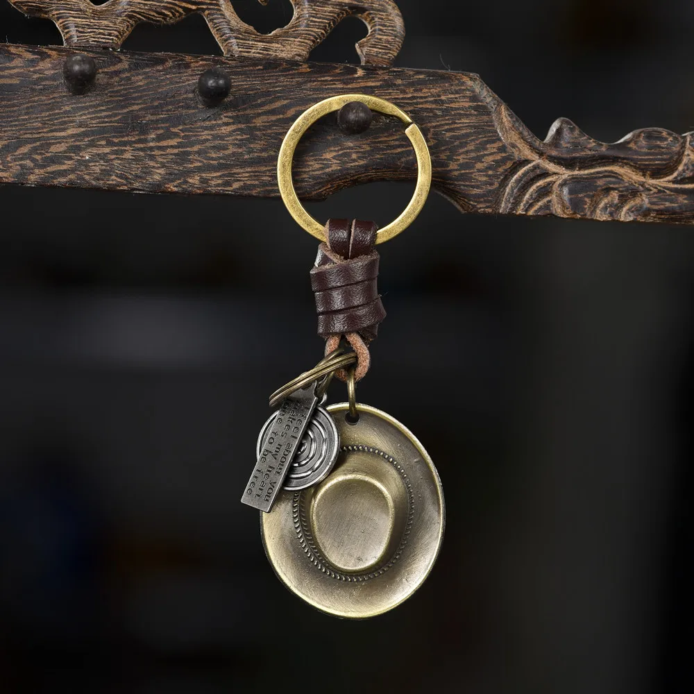 Vintage Cowboy hat cowhide key chain creative small gift hand woven car key pendant accessories