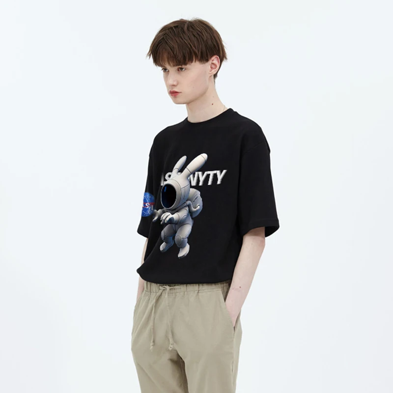 Space Rabbit Astronaut Print Graphics Short-sleeved Men's Trend Loose Tide Brand T-shirt Summer Hip-hop Ins 100% Cotton Tops