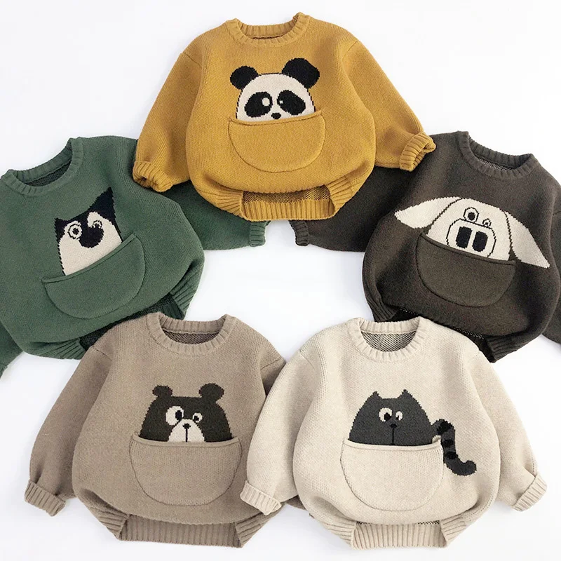 

Cartoon Animal Kids Clothing Fashion Sweaters for Boys Autumn Winter Warm Pullover Knitwear Cute Large Pockets Children Sweater