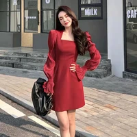 long sleeve red dress women clothes spring retro square collar puff sleeve elegant korean fashion robe femme office lady vestido
