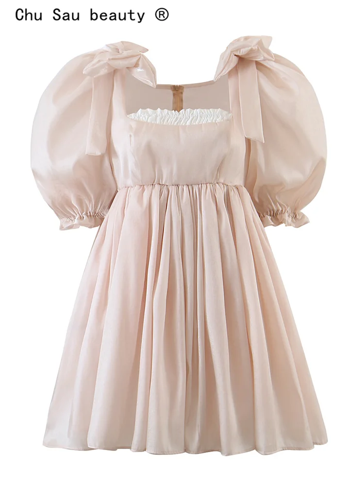 

2022 New Vintage Women Summer Mini Dress Square Neck Bow Puff Sleeves High Waist Short Tutu Princess Dress Female
