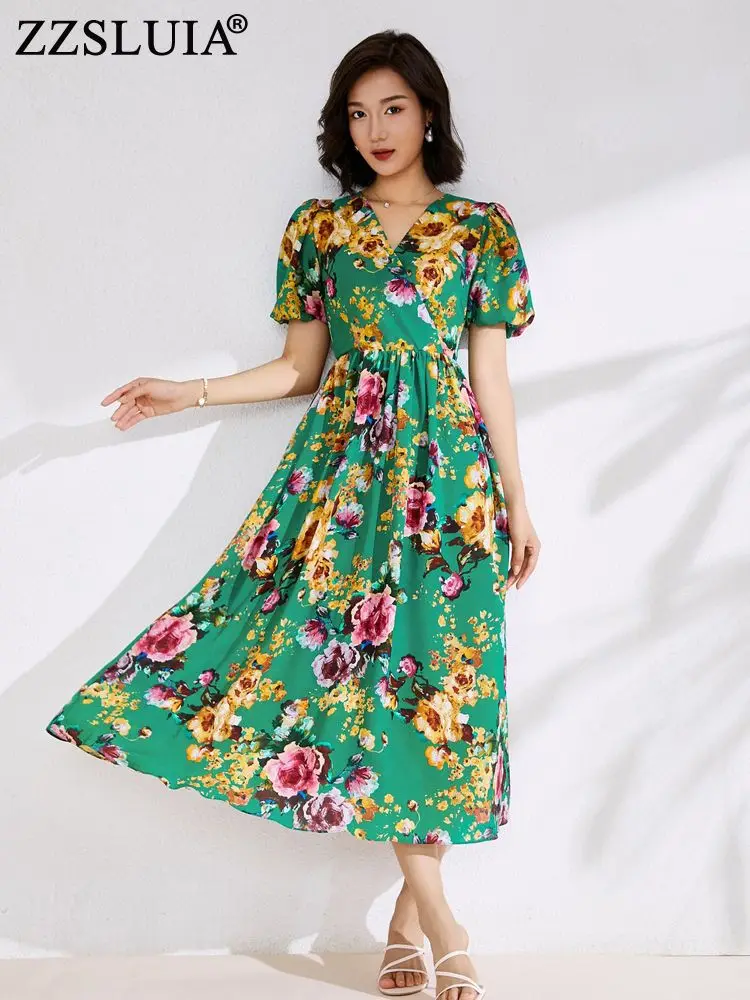 

ZZSLUIA Vintage Long Dresses For Women Floral Printed Puff Sleeve Slim Elegant Dress Fashion V Neck Summer Dress Female Clothing