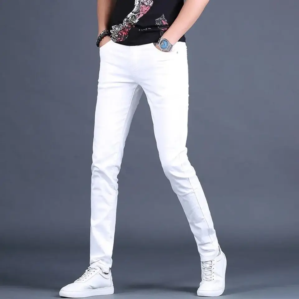 

High Quality Men's Fashion Cotton Pants Pure Color Casual Pants Classic Slim Style White Stretch Trousers;
