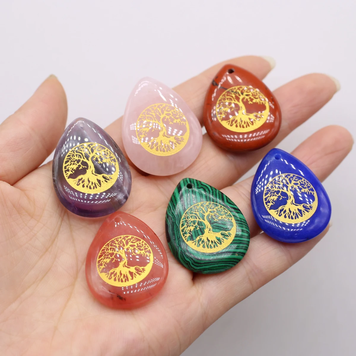 Подвеска из натурального камня подвески Древо жизни форма капли воды розовый