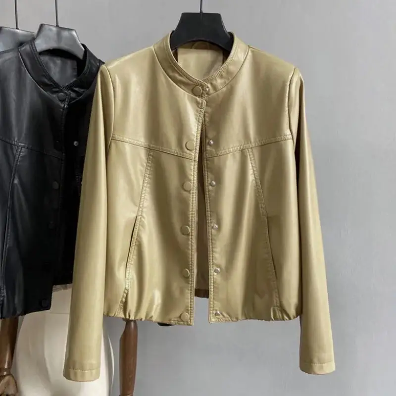 Korean Version of Fashion Plus Velvet Warm PU Female Leather Clothing Autumn and Winter Leisure Show Thin Foreign Style Leather