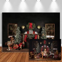 christmas backdrop retro fireplace xmas tree photography background toy bear gift decor photo props kids portrait photoshoot