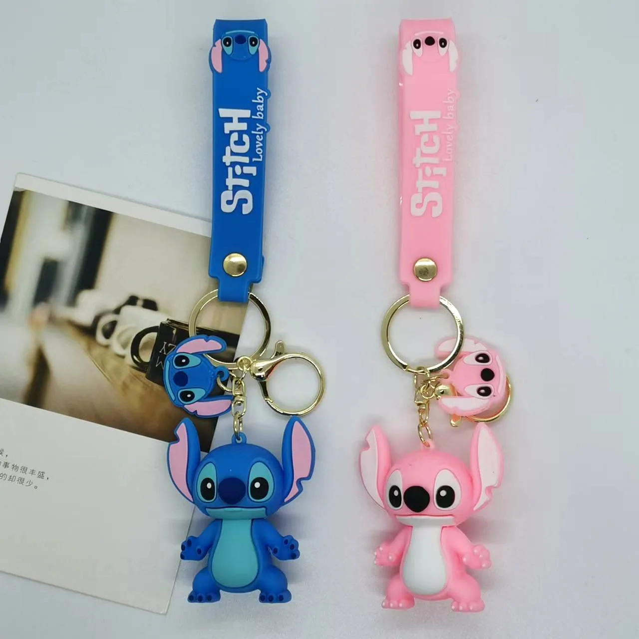 Disney Lilo & Stitch Keychain Creative Cute Blue Pink Stitch Keyring Fashion Bag Ornament Car Key Chain Gift for Girl Boy Kids