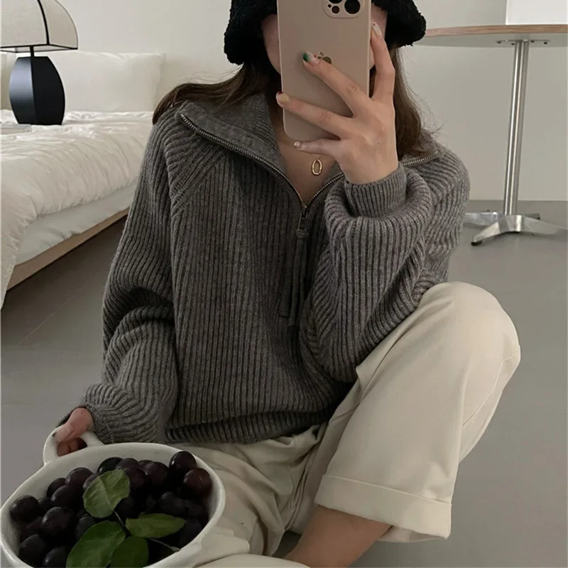 

Модный женский свитер на молнии 2023, однотонный Свободный вязаный женский свитер с длинным рукавом, теплый осенне-зимний свитер