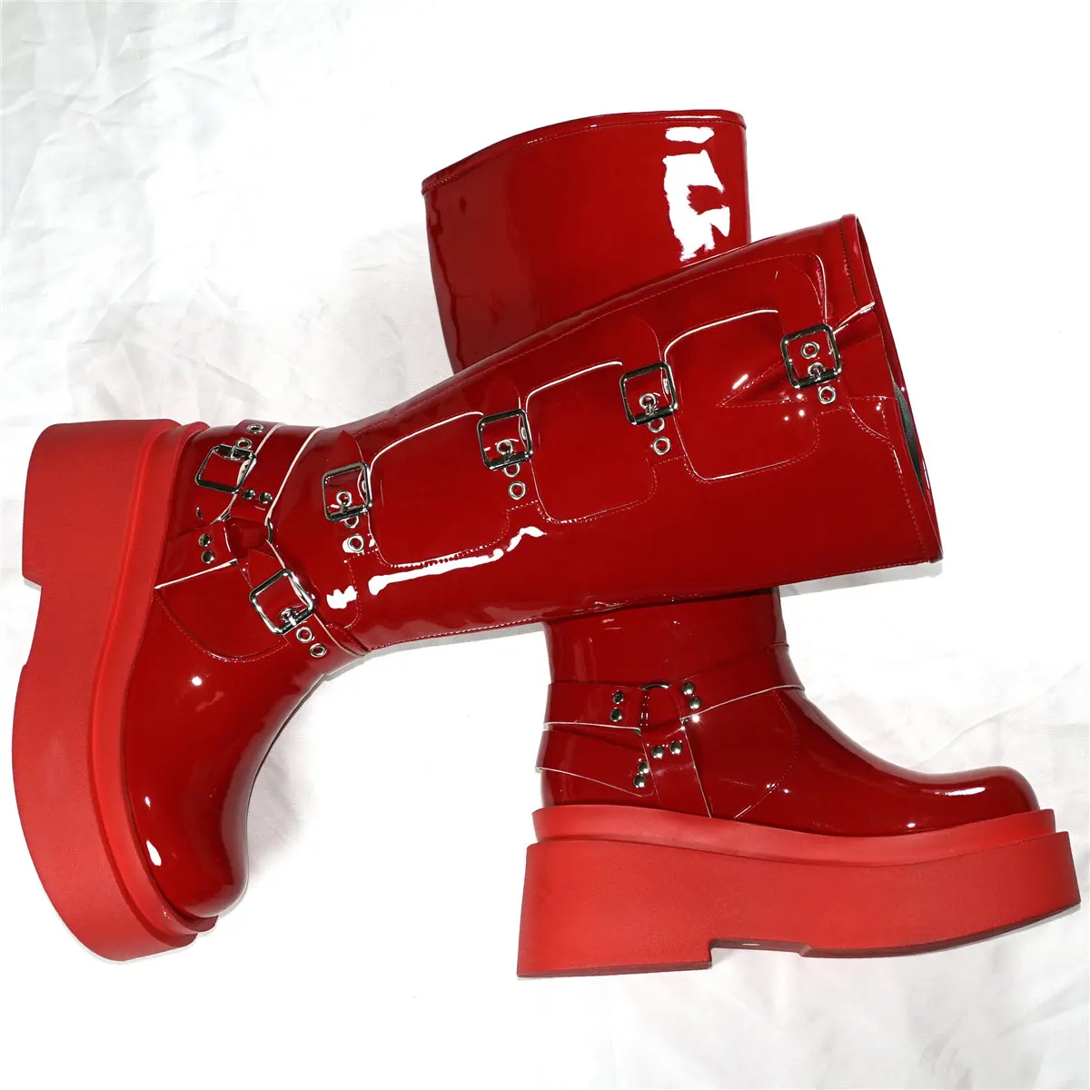 Winter Fashion Sneakers Women Red Patent Leather Wedges Knee High Boots Female Round Toe Thigh High Platform Pumps Casual Shoes