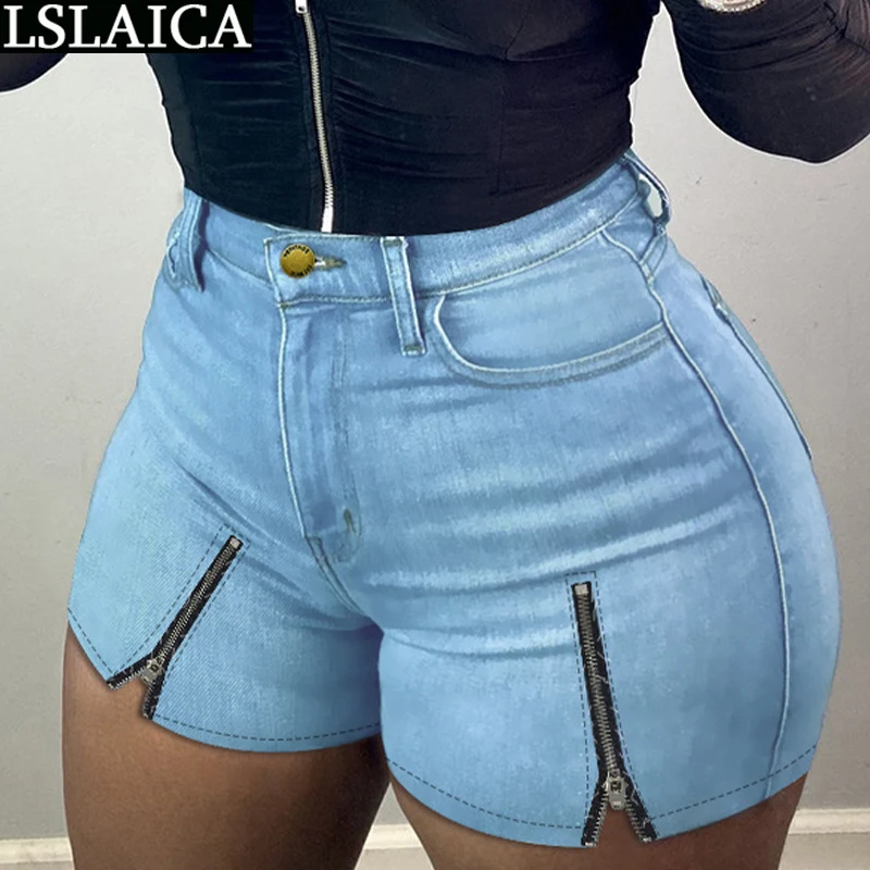 

Wholesale Women's Shorts High Waist Zipper Decorated Pockets Button Casual Shorts Women Solid Color Fashion Elegant Denim Shorts