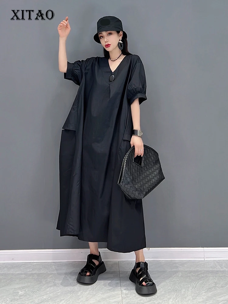 

XITAO Solid Casual Dress Women Korea 2022 Summer New Personality Fashion Loose V-neck Short Sleeve Ankle-length Dress WMD5974