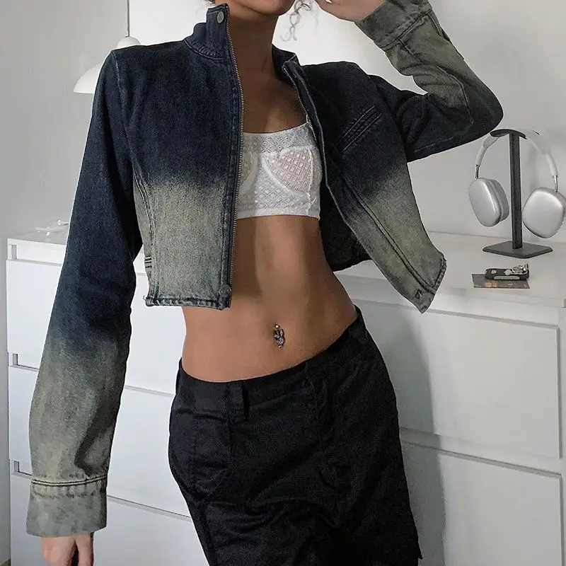 Джинсовая куртка градиентная в американском ретро стиле потертая женская