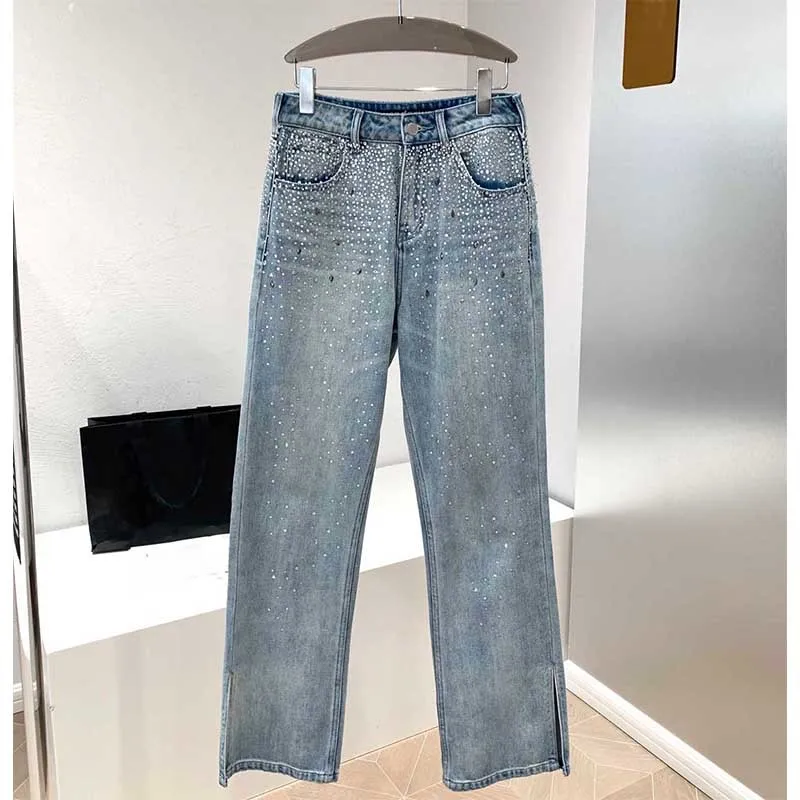 

22 Spring Designer Cotton Light Blue Straight Jeans For Women Top Quality High Waist Side Split Full Diamond Bling Vintage Jeans