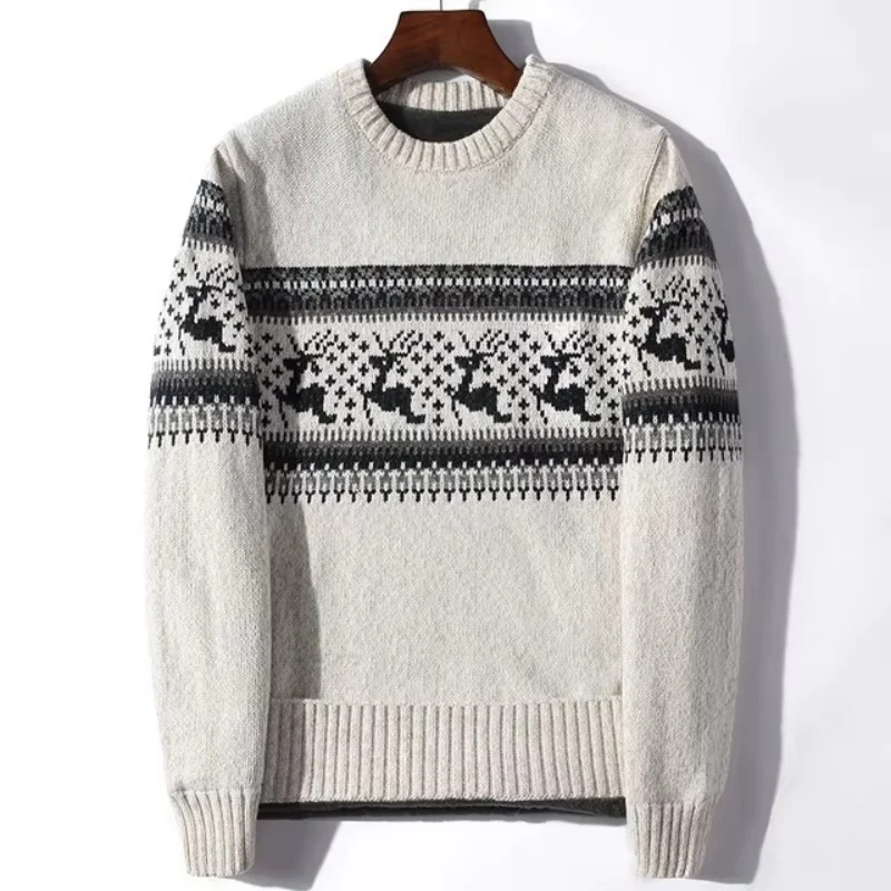 Jacquard Deer Christmas Knitted Sweater Men Red Thick Fleece Wool Men's Jumpers Pullovers Coats Winter Male Clothing