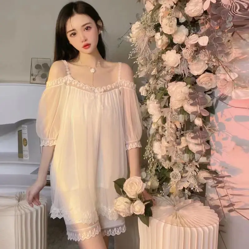 QWEEK 2 Pieces Women's Cotton Pajamas Summer Sexy Lace Princess Style Suits with Shorts Japanese Sweets White Sleepwear 2023 New