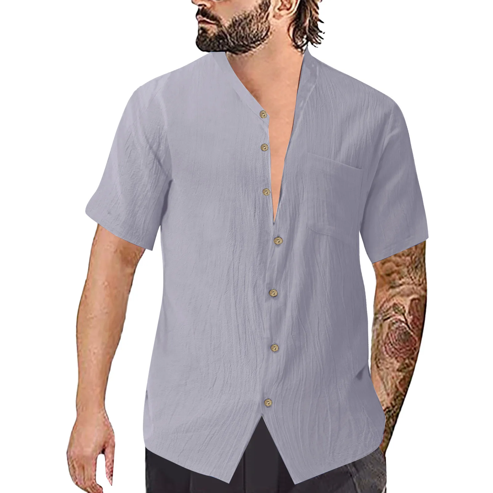 

Black Floral Shirt Men Men Fashion Casual Top Shirt Solid Color Pocket Single Breasted Cotton And Linen Shirt Adult Long Sleeve