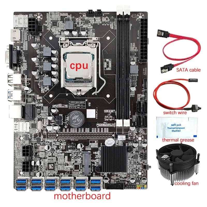 12 GPU B75 Mining Motherboard+CPU+Cooling Fan+Thermal Grease+Switch Cable+SATA Cable 12 USB3.0 Slot LGA1155 DDR3 SATA3.0