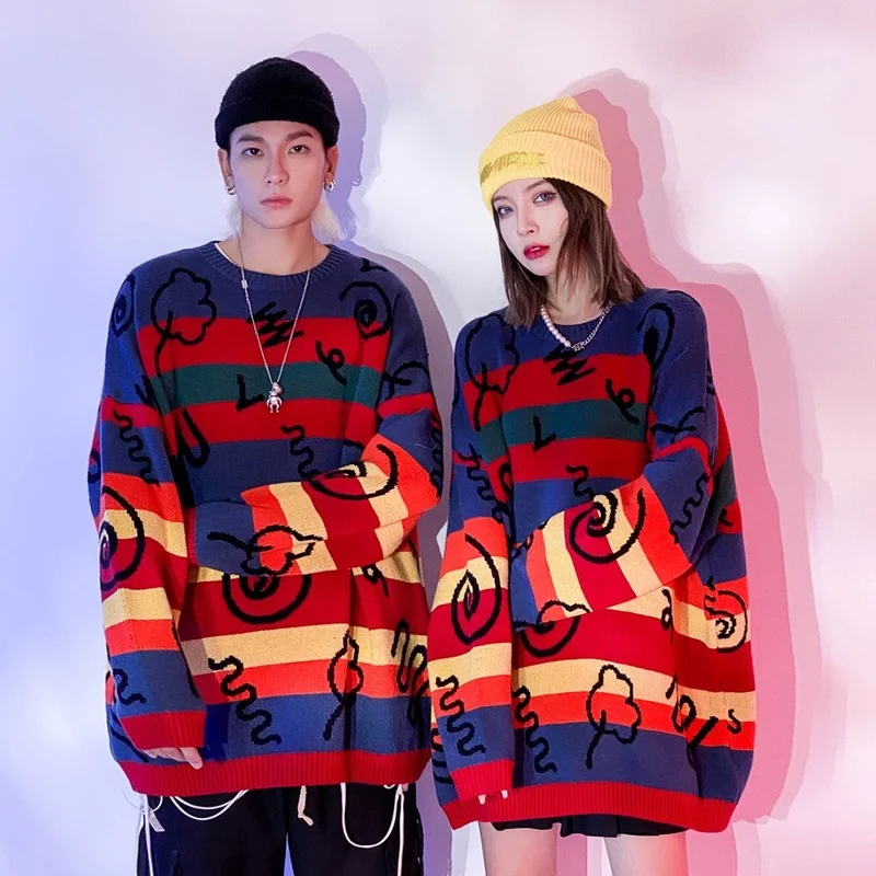 

Мужской свободный свитер в радужную полоску, с круглым вырезом и длинными рукавами