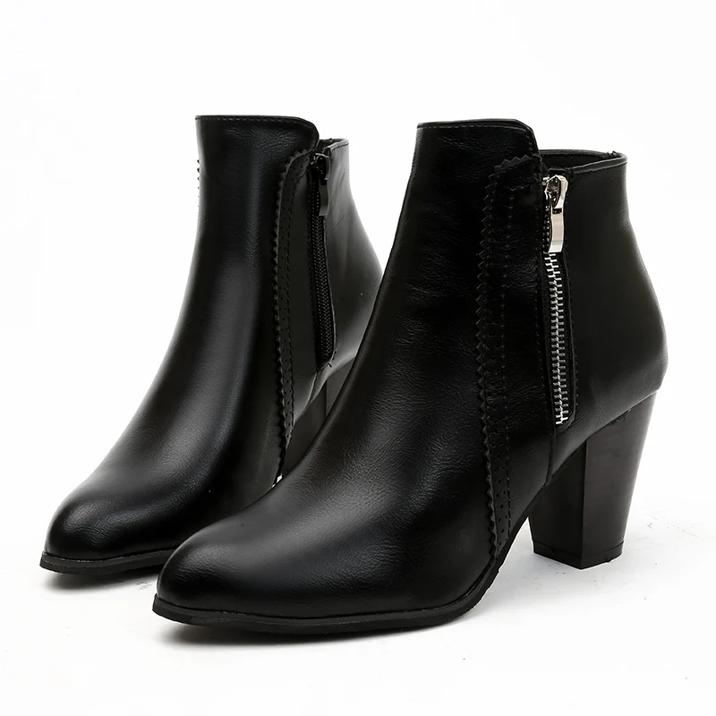 

Women Ankle Boots Fashion PU Leather Boots High Heel 8cm Ladies Shoes Side Zipper Short Boots For Women Shoes Drop Ship 43