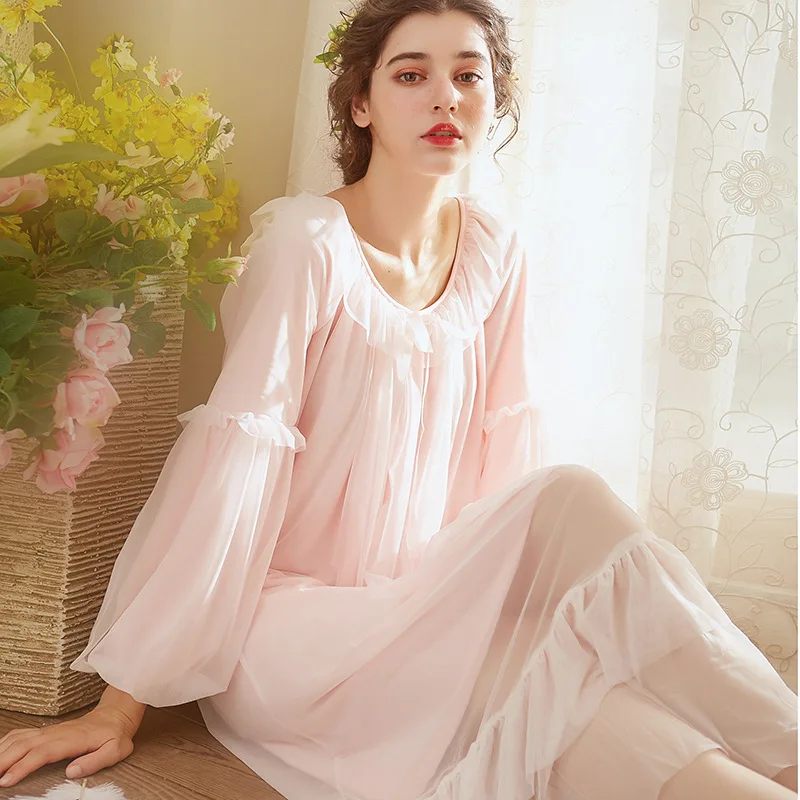 

Элегантная Летняя женская пижама, пикантная сетчатая ночная рубашка, белая женская винтажная Пижама принцессы с длинным рукавом и круглым ...