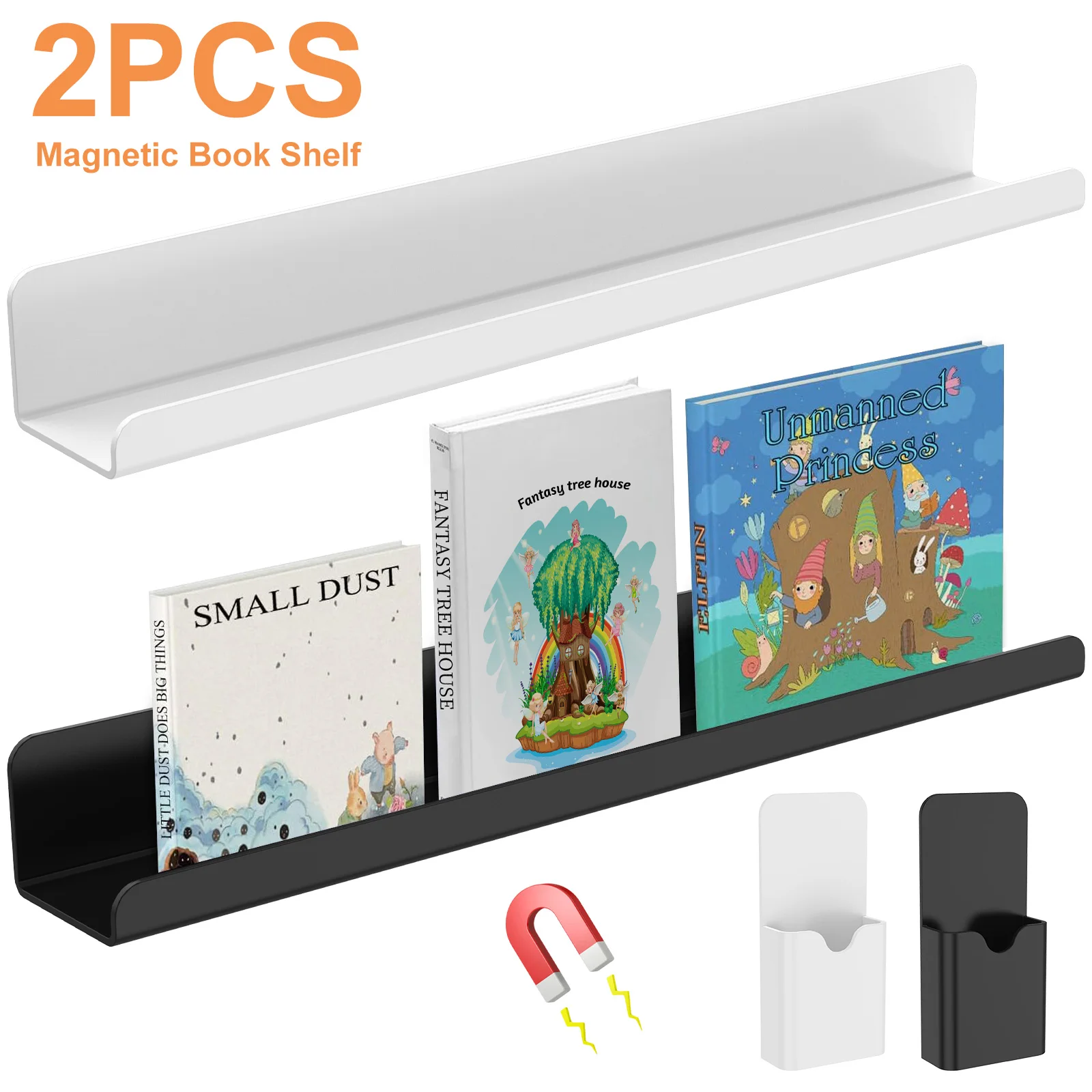 

2Pcs Magnetic Book Shelf Whiteboard Acrylic Magnetic for Book Holder with Pen Container Magnetic Floating Book Display Shelf