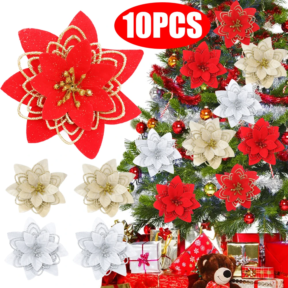 

10/1pcs Glitter Artificial Flowers Christmas Tree Pendant Ornaments Glitter Fake Flower Home New Year Party Christmas Decoration