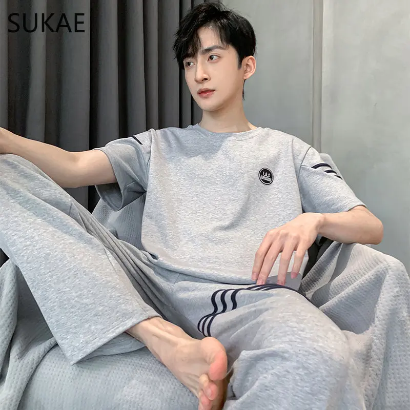 SUKAE L-4XL Korean Minimalist Style Mens Pajama Set Summer Cotton Elegant Leisure Sleepwear for Boy Casual Mens Homsuit Pijama