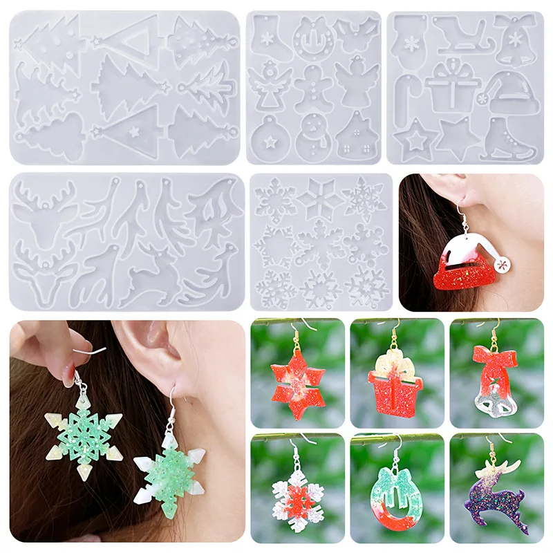 

Christmas Earring Pendant Crystal Epoxy Silicone Mold DIY Elk Snowman Bell Shape Pendant Mold For Jewelry Making Craft Keychain
