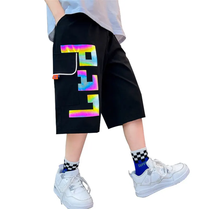 New Fashion Reflective Shorts for Boys 2022 Summer Hot Sale Letter Printed Sport Pants Kids Streetwear Casual Black Cool Shorts