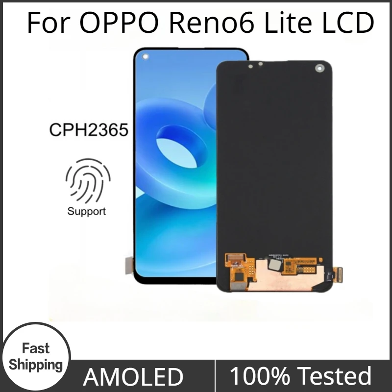 

ЖК-дисплей 6,4 дюйма AMOLED с поддержкой отпечатков пальцев для OPPO Rnoe6 lite CPH2365, сенсорный дигитайзер, экран в сборе для OPPO Reno 6 Lite LCD