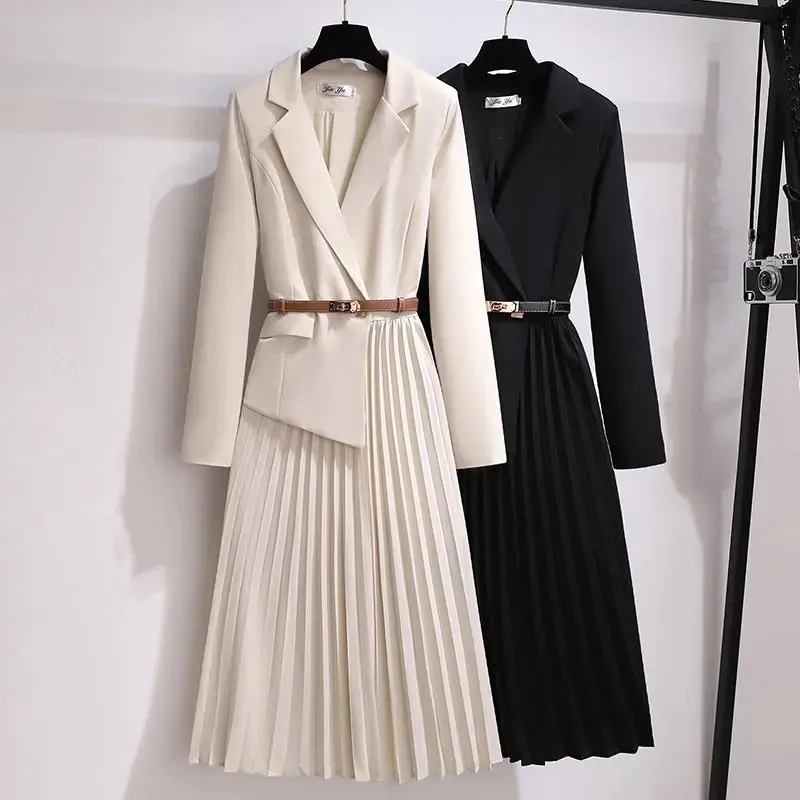 Women's Spring Dreess 2022 French Fake Two Piece Sets Dresses Office Lady Elegant Pleated White Suit Blazer Dress 4XL