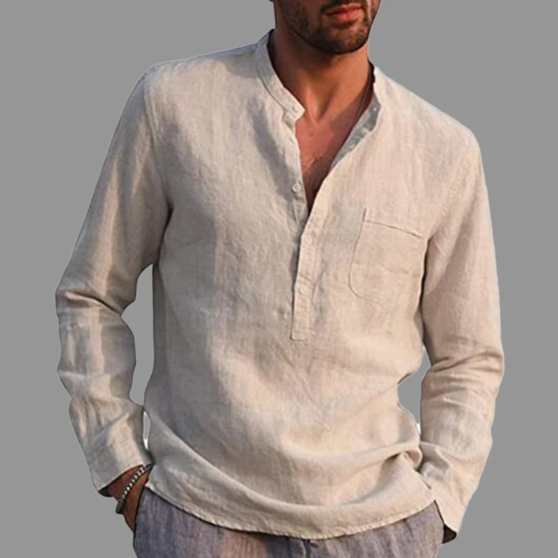 

Cotton Linen Long-Sleeved Shirts Men Solid Color V Neck Long Sleeve Shirt Stand-Up Collar Casual Beach Style Top Simple Button