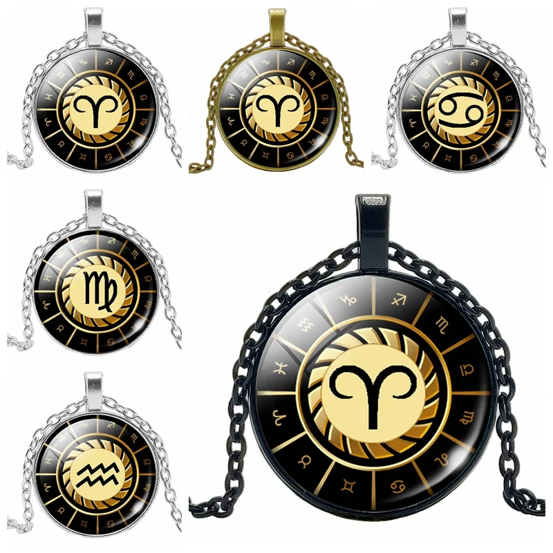 

2019 Hot Fashion Twelve Constellation Time Crystal Glass Convex Round Pendant Necklace Clothing Sweater Chain Jewelry