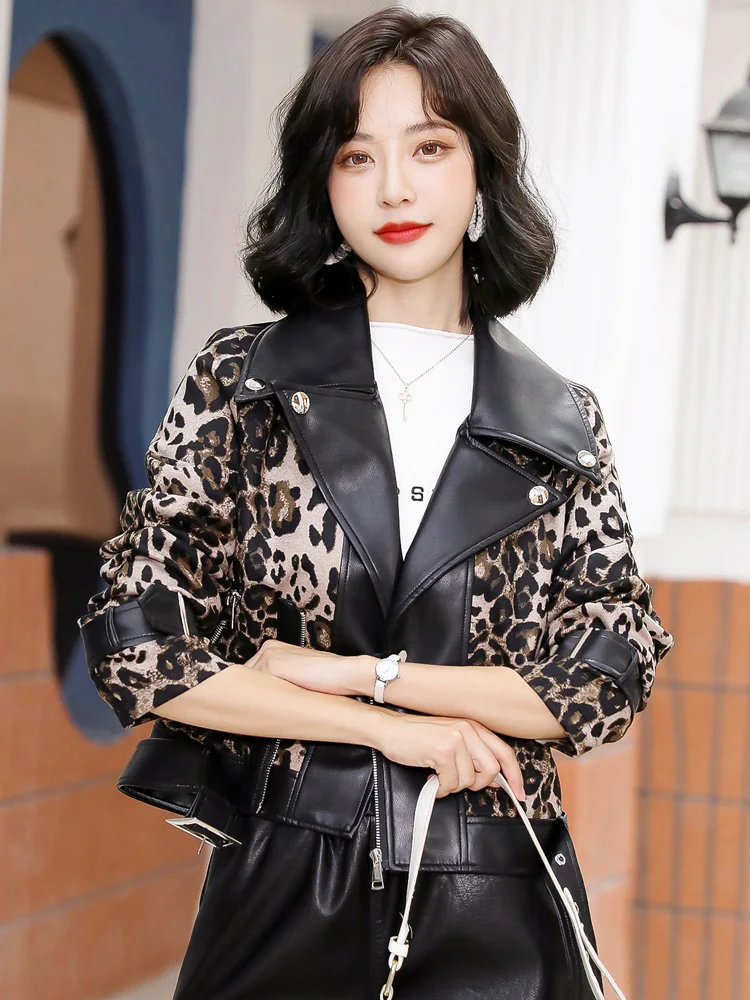 New Women Leather Jacket Spring Autumn 2022 Classic Leopard Zipper Biker Coat Loose Short Sheepskin Jacket Female Outerwear