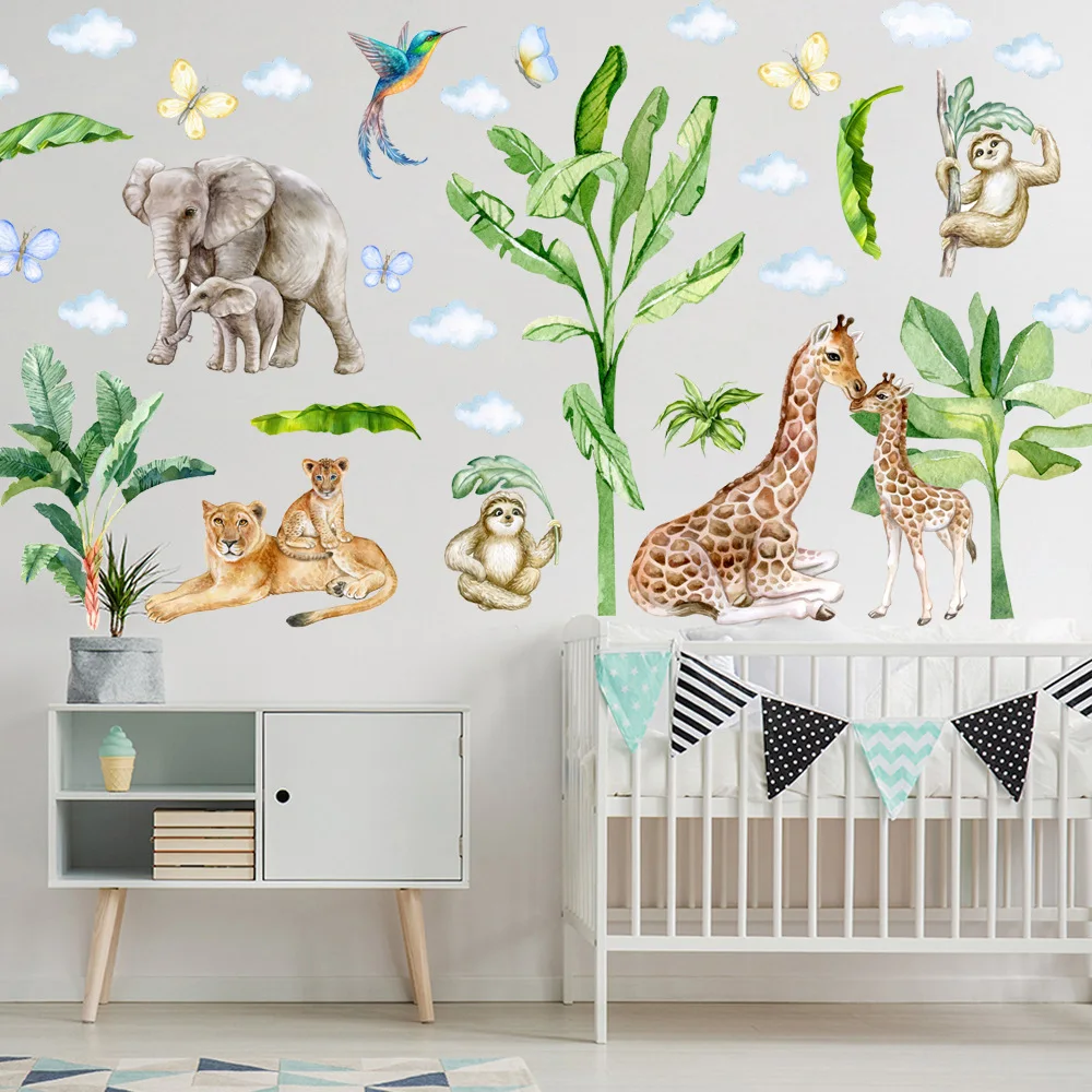 Мультяшный динозавр животные Лев тропические листья акварель стикер на стену