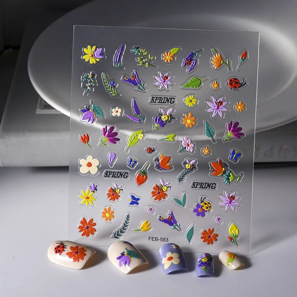 

Garden Party Ladybug Bee Flower 5D Nail Stickers Stickers Para Uñas 스티커 Nail Design FEB-583