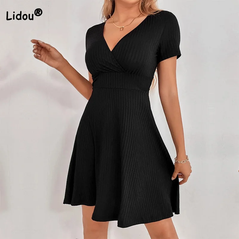 

Deep V-Neck All-match Black Short Sleeve Summer Clothes for Women Sexy Knitted Backless Bandage Hollow Out Party Ruffles Dress