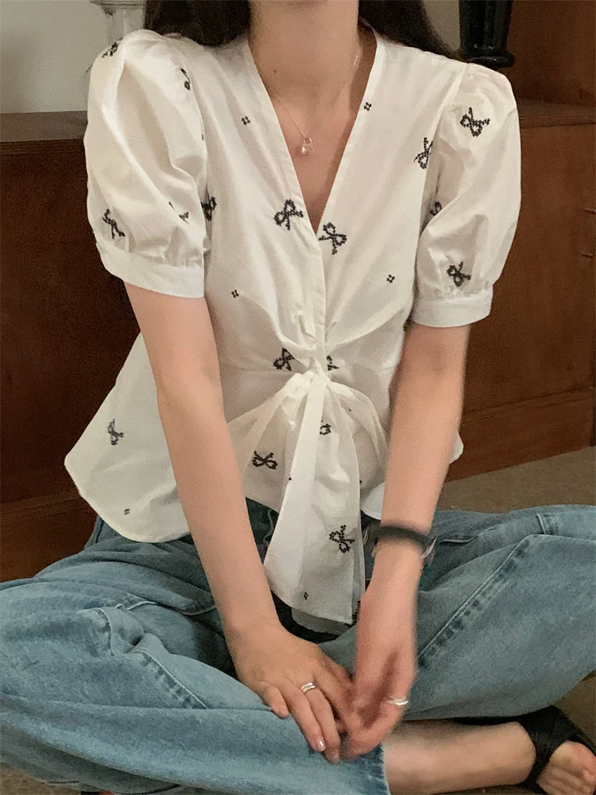 Блузка Alien Kitty женская с V-образным вырезом Стильная приталенная рубашка рукавом