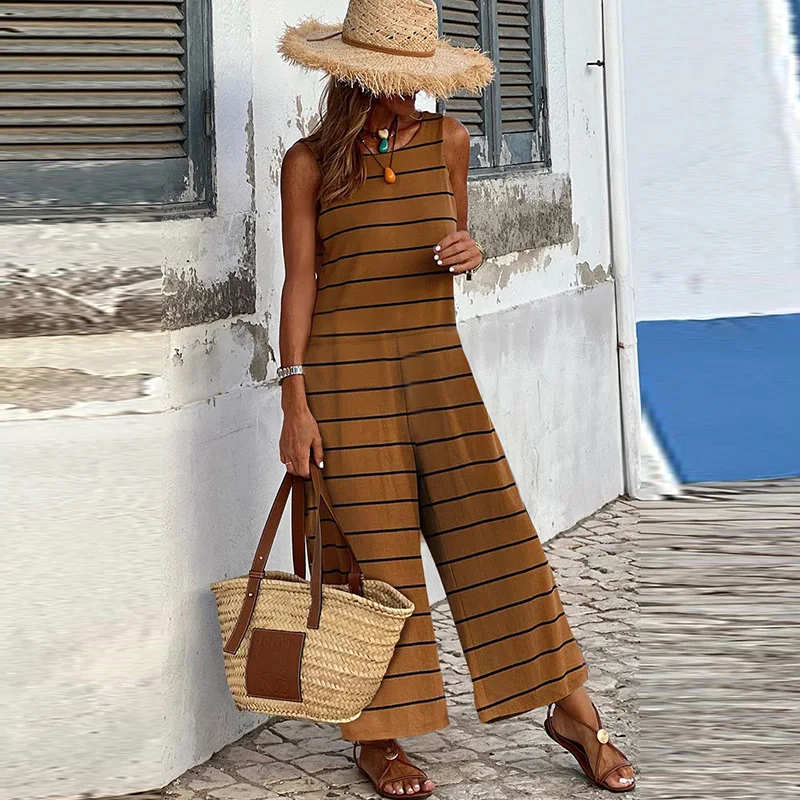 

Женский комбинезон без рукавов, повседневный комбинезон из 9 предметов с широкими штанинами, полосками и высокой талией, лето