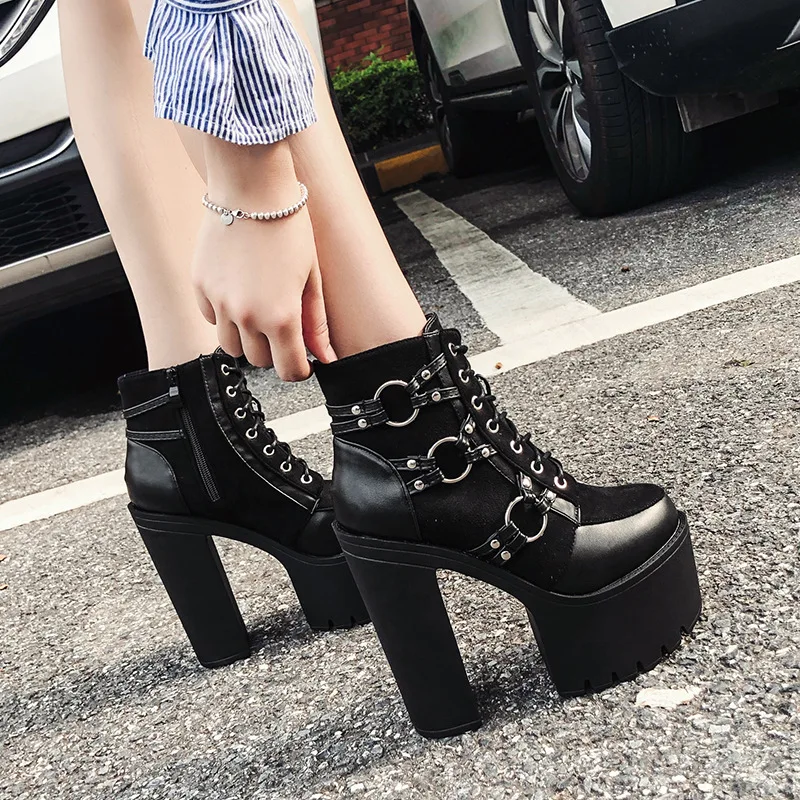 15CM Thick Platform Women's Boots Black Punk Cool High Heels Ankle Boots Lace-up Zipper Motorcycle Boots Winter Shoes Women 42