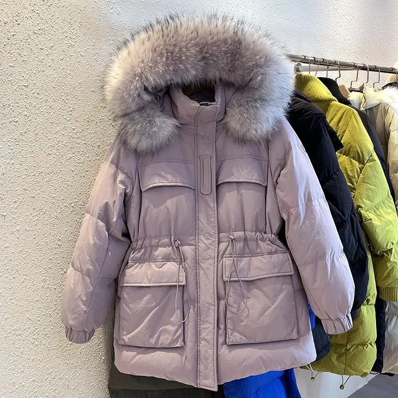

2023 New Winter Real Raccoon Fur Collar Thick Women Warm Puffer Jacket 90% White Duck Down Coat Luxury Outwear Female ParkaL234