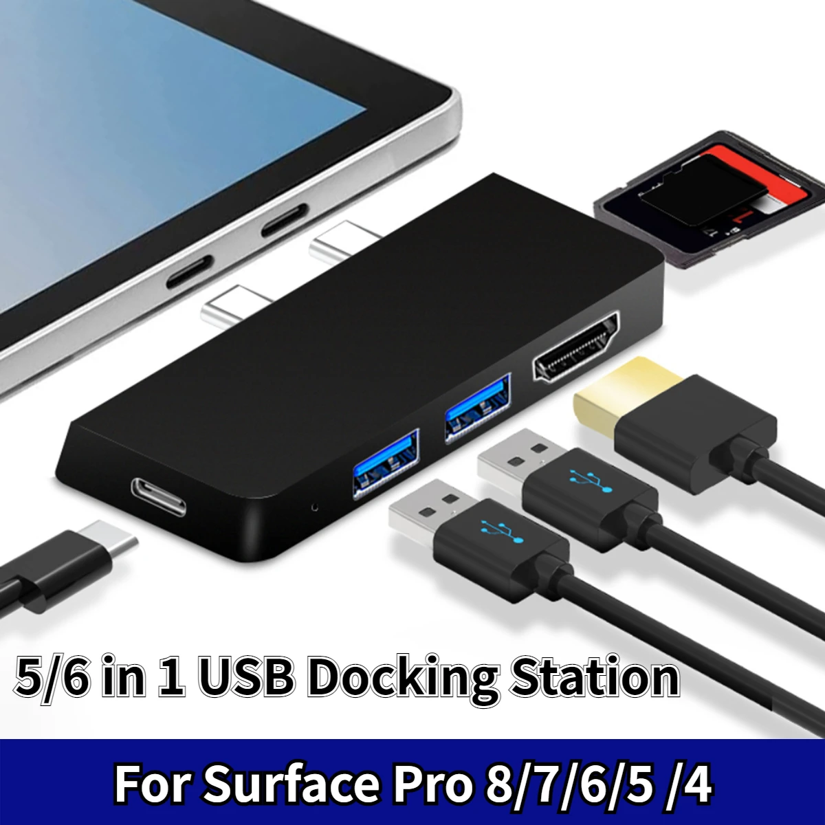 For Microsoft Surface Pro 8 7 6 5 4 Hub 5/6 in 1 USB Docking Station with 4K HDMI-compatible USB 3.0 Memory Card Slot Reader