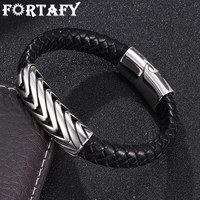 fortafy jewelry black braided leather bracelet stainless steel magnetic clasps bracelets bangles male wrist band simple frpw793