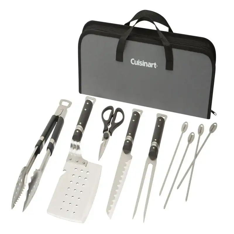 

10 Piece Stainless Steel Grill Set - Spatula, Tongs, Fork, Knife, Shears, And 4 Skewers.