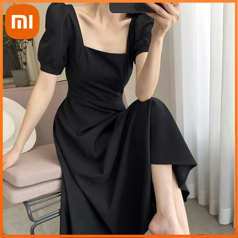 

Xiaomi Square Collar Black Casual Dresses for Women Short Sleeve Elegant Midi Dress Piece Dress Korean Office Lady Summer Chic