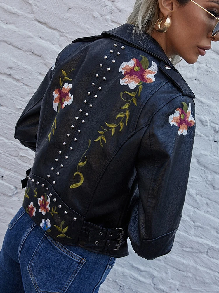Women Retro Floral Print Embroidery Faux Soft Leather Jacket Coat Streetwear Rivet Pu Moto Biker Black Punk Outerwear
