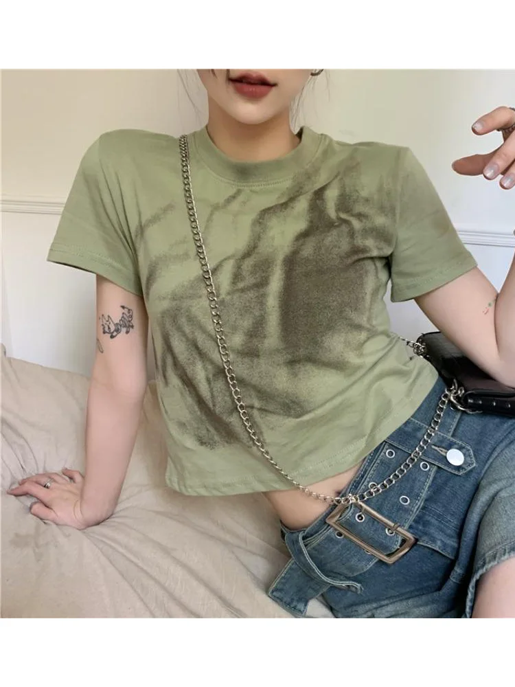 

QWEEK Y2K Vintage Tie Dye Green Tshirts Women Egirl Streetwear Short Sleeve Brown T Shirts Female Grunge Aesthetic Cropped Top